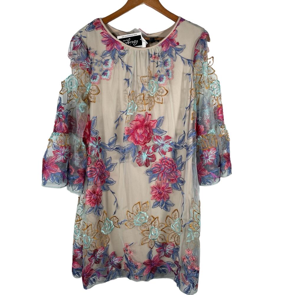 Beige by ECI New York Dress Women's Size 10 Sheer Floral Embroidered Mesh NWT
